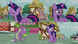 Size: 1280x720 | Tagged: safe, derpibooru import, edit, edited screencap, editor:quoterific, screencap, spike, twilight sparkle, twilight sparkle (alicorn), alicorn, dragon, pony, castle sweet castle, season 5, eyes closed, female, male, mare, open mouth, smiling