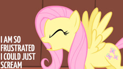 Size: 1280x720 | Tagged: safe, derpibooru import, edit, edited screencap, editor:quoterific, screencap, fluttershy, pegasus, pony, green isn't your color, season 1, eyes closed, female, mare, open mouth, screaming, solo, spread wings, wings