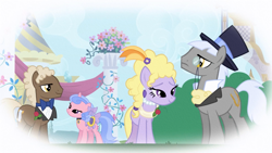 Size: 1920x1080 | Tagged: safe, derpibooru import, screencap, caesar, lyrica lilac, royal ribbon, sealed scroll, earth pony, pony, unicorn, season 1, the ticket master, count caesar, female, male, mare, stallion