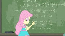 Size: 3410x1920 | Tagged: safe, derpibooru import, screencap, fluttershy, a little birdie told me, better together, equestria girls, chalk, chalkboard, clothes, cutie mark, cutie mark on clothes, eyes closed, female, geode of fauna, jewelry, magical geodes, necklace, smiling, solo