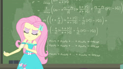 Size: 3410x1920 | Tagged: safe, derpibooru import, screencap, fluttershy, a little birdie told me, better together, equestria girls, chalk, chalkboard, clothes, cutie mark, cutie mark on clothes, eyes closed, female, geode of fauna, hairpin, jewelry, magical geodes, necklace, smiling, smug, smugshy, solo