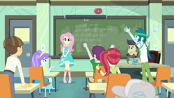 Size: 3410x1920 | Tagged: safe, derpibooru import, screencap, bulk biceps, cranky doodle donkey, fluttershy, wiz kid, a little birdie told me, better together, equestria girls, book, chalk, chalkboard, clothes, cutie mark, cutie mark on clothes, female, geode of fauna, hairpin, jewelry, magical geodes, male, necklace, smiling