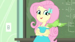 Size: 3410x1920 | Tagged: safe, derpibooru import, screencap, fluttershy, bird, a little birdie told me, better together, equestria girls, chalkboard, clothes, crossed arms, cute, cutie mark, cutie mark on clothes, female, geode of fauna, hairpin, jewelry, magical geodes, necklace, open mouth, shyabetes, smiling, solo