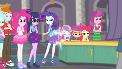 Size: 3410x1920 | Tagged: safe, derpibooru import, screencap, apple bloom, cheerilee, lyra heartstrings, maud pie, pinkie pie, rarity, sci-twi, scootaloo, sweetie belle, twilight sparkle, better together, equestria girls, school of rock, bowtie, bracelet, clothes, crossed arms, cutie mark, cutie mark crusaders, cutie mark on clothes, eyes closed, female, geode of shielding, geode of sugar bombs, geode of telekinesis, glasses, hairpin, high heels, jewelry, magical geodes, male, open mouth, ponytail, rarity peplum dress, shoes, smiling, tanktop