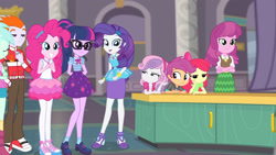 Size: 3410x1920 | Tagged: safe, derpibooru import, screencap, apple bloom, cheerilee, heath burns, lyra heartstrings, maud pie, pinkie pie, rarity, sci-twi, scootaloo, sweetie belle, twilight sparkle, better together, equestria girls, school of rock, bowtie, bracelet, clothes, crossed arms, cute, cutie mark, cutie mark crusaders, cutie mark on clothes, eyes closed, female, geode of shielding, geode of sugar bombs, geode of telekinesis, glasses, hairpin, high heels, jewelry, magical geodes, male, open mouth, ponytail, raribetes, rarity peplum dress, shoes, siblings, sisters, smiling, tanktop
