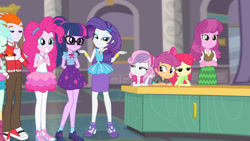 Size: 3410x1920 | Tagged: safe, derpibooru import, screencap, apple bloom, cheerilee, lyra heartstrings, maud pie, pinkie pie, rarity, sci-twi, scootaloo, sweetie belle, twilight sparkle, better together, equestria girls, school of rock, bowtie, bracelet, clothes, crossed arms, cute, cutie mark, cutie mark crusaders, cutie mark on clothes, eyes closed, female, geode of shielding, geode of sugar bombs, geode of telekinesis, glasses, hairpin, high heels, jewelry, magical geodes, male, ponytail, rah rah skirt, raribetes, rarity peplum dress, shoes, smiling, tanktop