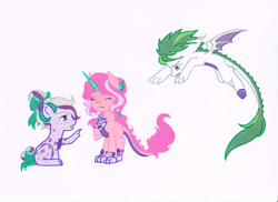 Size: 1750x1275 | Tagged: safe, artist:ocean-drop, derpibooru import, oc, oc only, oc:crème de la crème, oc:gem stone, oc:radiance, dracony, hybrid, base used, female, interspecies offspring, offspring, parent:rarity, parent:spike, parents:sparity, siblings, simple background, sisters, trio, white background