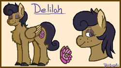 Size: 420x239 | Tagged: safe, artist:yurza, derpibooru import, oc, oc only, oc:delilah, pegasus, pony, chest fluff, cloven hooves, cutie mark, eyes closed, eyeshadow, female, freckles, lidded eyes, makeup, mare, reference sheet, smiling, solo, unshorn fetlocks