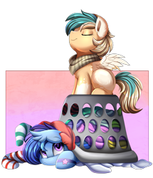 Size: 3069x3565 | Tagged: safe, artist:pridark, derpibooru import, oc, oc only, oc:astral flare, oc:sun light, pegasus, pony, duo, laundry, laundry basket