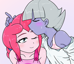 Size: 740x640 | Tagged: safe, artist:batipin, derpibooru import, limestone pie, pinkie pie, equestria girls, blushing, equestria girls-ified, eyes closed, female, kiss on the head, kissing, one eye closed, platonic kiss, siblings, sisterly love, sisters