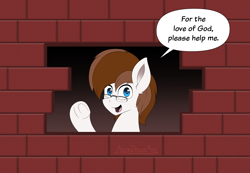 Size: 4200x2900 | Tagged: safe, alternate version, artist:aarondrawsarts, derpibooru import, oc, oc only, oc:brain teaser, brick wall, commission, edgar allan poe, glasses, immurement, meme, parody, solo, speech bubble, the cask of amontillado