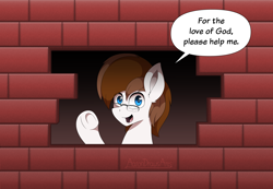 Size: 4200x2900 | Tagged: safe, alternate version, artist:aarondrawsarts, derpibooru import, oc, oc:brain teaser, brick wall, commission, edgar allan poe, immurement, meme, parody, the cask of amontillado