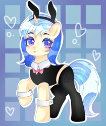 Size: 2600x3100 | Tagged: safe, artist:软羊羊, derpibooru import, oc, oc only, oc:twinblade, pony, unicorn, :3, bunny ears, bunny suit, clothes, eye clipping through hair, eyebrows, eyebrows visible through hair, female, high res, horn, looking at you, mare, raised hoof, raised leg, smiling, smiling at you, solo, tongue, tongue out, unicorn oc