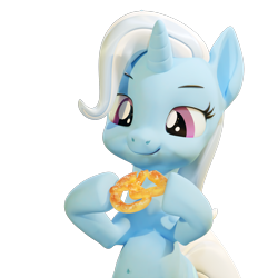 Size: 3840x3840 | Tagged: safe, artist:xppp1n, trixie, pony, unicorn, 3d, belly button, blender, blender cycles, chubby, eating, female, holding, mare, pretzel, simple background, smiling, solo, transparent background