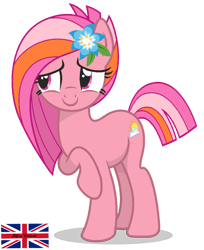 Size: 774x950 | Tagged: safe, artist:r4hucksake, derpibooru import, oc, oc only, oc:meadow sunrise, earth pony, pony, base used, bashful, earth pony oc, female, flower, flower in hair, mare, raised hoof, raised leg, simple background, smiling, solo, transparent background