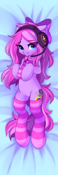 Size: 3000x9000 | Tagged: safe, artist:airiniblock, derpibooru import, oc, oc only, oc:lillybit, earth pony, pony, body pillow design, bow, clothes, female, gaming headset, hair bow, headphones, headset, looking at you, mare, microphone, rcf community, smiling, smiling at you, socks, solo, striped scarf, striped socks