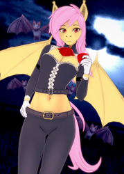 Size: 644x900 | Tagged: safe, artist:wild, derpibooru import, fluttershy, anthro, bat, bat pony, 3d, apple, bat ponified, belly button, breasts, cleavage, clothes, fangs, female, flutterbat, food, gloves, hand on hip, koikatsu, looking at you, midriff, pants, race swap, solo, species swap