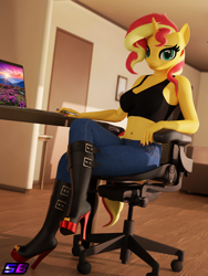 Size: 2880x3840 | Tagged: safe, artist:shadowboltsfm, derpibooru import, sunset shimmer, anthro, plantigrade anthro, 3d, 4k, adorasexy, blender, boots, bra, breasts, chair, clothes, computer, crop top bra, crossed legs, cute, feet, high heel boots, jeans, laptop computer, looking at you, nail polish, not sfm, open-toed shoes, pants, sexy, shoes, sitting, smiling, toenail polish, toes, underwear