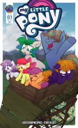 Size: 1920x3168 | Tagged: safe, artist:pandan009, derpibooru import, apple bloom, scootaloo, sweetie belle, oc, oc:marco, oc:purple creativity, oc:umberto, earth pony, pegasus, pony, unicorn, comic:quest for friendship, cart, cutie mark crusaders, female, filly