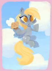 Size: 2490x3400 | Tagged: safe, artist:honeyrainee, derpibooru import, derpy hooves, pegasus, pony, :>, cloud, colored pupils, cute, derpabetes, female, flying, food, high res, looking at you, mare, muffin, sky, solo