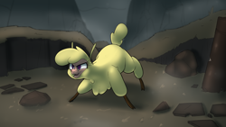 Size: 2226x1254 | Tagged: safe, artist:hitsuji, derpibooru import, paprika paca, alpaca, them's fightin' herds, cloven hooves, community related, fog, looking offscreen, mountain, rock, solo, totem