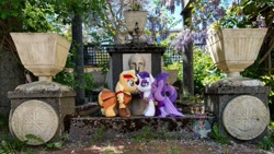 Size: 2000x1124 | Tagged: safe, artist:plushbylumi, derpibooru import, applejack, rarity, earth pony, pony, unicorn, commission, female, flower, garden, hercules, irl, lesbian, mare, megara, photo, planter, plushie, rarijack, shipping