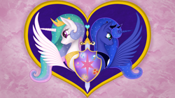 Size: 2934x1656 | Tagged: safe, artist:xodok, derpibooru import, princess celestia, princess luna, alicorn, series:ponyashnost, cutie mark, heart, horn, jewelry, sword, tiara, wallpaper, weapon, wings