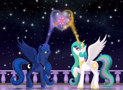 Size: 4500x3300 | Tagged: safe, artist:xodok, derpibooru import, princess celestia, princess luna, alicorn, pony, series:ponyashnost, cutie mark, heart, horn, jewelry, magic, night, stars, tiara, wings