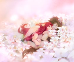 Size: 2048x1713 | Tagged: safe, artist:dearmary, derpibooru import, oc, oc only, earth pony, pegasus, pony, cuddling, eyes closed, female, flower, lying down, male, mare, smiling, snuggling, stallion