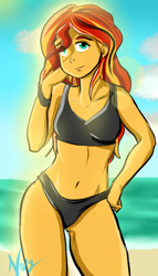 Size: 2000x3500 | Tagged: safe, artist:nolyanimeid, derpibooru import, sunset shimmer, equestria girls, adorasexy, beach, belly button, clothes, cute, eye clipping through hair, eyebrows, eyebrows visible through hair, female, high res, ocean, sand, sexy, shimmerbetes, smiling, solo, swimsuit