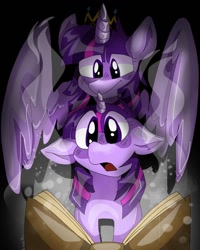 Size: 1080x1350 | Tagged: safe, artist:oreokoocie, derpibooru import, twilight sparkle, twilight sparkle (alicorn), alicorn, pony, book, crown, ears, female, floppy ears, jewelry, mare, regalia, self ponidox