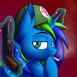 Size: 952x952 | Tagged: safe, artist:notetaker, derpibooru import, oc, oc only, pony, unicorn, 1911, drugs, helmet, magic, marijuana, solo