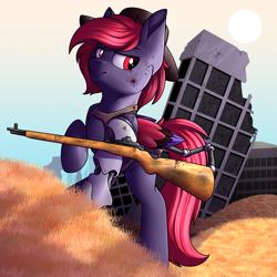 Size: 1491x1491 | Tagged: safe, artist:notetaker, derpibooru import, oc, pegasus, pony, fallout equestria, amputee, battle saddle, prosthetic limb, prosthetics, solo