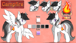 Size: 2295x1291 | Tagged: safe, artist:notetaker, derpibooru import, oc, oc:campfire, pegasus, pony, cutie mark, reference sheet