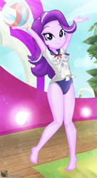 Size: 645x1188 | Tagged: safe, artist:charliexe, derpibooru import, starlight glimmer, equestria girls, clothes, feet, looking at you, one-piece swimsuit, remake, smiling, smiling at you, solo, sports, swimsuit, volleyball