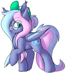 Size: 728x798 | Tagged: safe, artist:notetaker, derpibooru import, oc, oc:sleepystar, bat pony, pony, baseball cap, cap, cutie mark, glasses, hat, solo