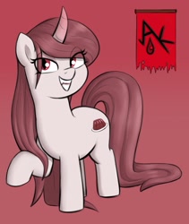 Size: 1521x1806 | Tagged: safe, artist:heretichesh, derpibooru import, oc, oc only, pony, unicorn, fangs, female, mare, red background, simple background, slit eyes, solo