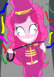 Size: 595x842 | Tagged: safe, artist:dashdeviant, derpibooru import, pinkie pie, equestria girls, confetti, crazy face, faic, female, hat, insanity, messy hair, ringmaster, solo, top hat, whip