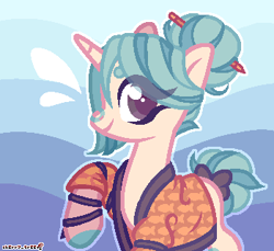 Size: 350x320 | Tagged: safe, artist:party3ah, derpibooru import, oc, oc only, oc:paper wishes, pony, unicorn, clothes, coat markings, female, hair bun, haori, mare, pencil, solo