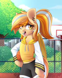 Size: 1600x2000 | Tagged: safe, artist:rinteen, derpibooru import, oc, oc only, bat pony, semi-anthro, basketball, bat pony oc, clothes, commission, detailed background, ear piercing, earring, eye clipping through hair, hoodie, jewelry, piercing, ponytail, shorts, solo, sports, ych result