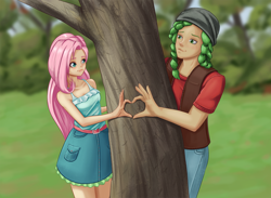 Size: 1280x938 | Tagged: safe, artist:scs-g3-n17, derpibooru import, fluttershy, sandalwood, equestria girls, female, male, sandalshy, shipping, sleeveless, straight, tree