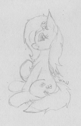 Size: 1265x1968 | Tagged: safe, artist:wapamario63, fluttershy, pegasus, pony, cute, female, flower, flower in hair, looking at you, mare, monochrome, raised hoof, raised leg, shyabetes, sitting, sketch, solo, traditional art