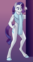 Size: 491x900 | Tagged: safe, artist:foxenawolf, derpibooru import, rarity, anthro, unguligrade anthro, unicorn, fanfic:off the mark, clothes, cutie mark, fanfic art, female, hooves, mare, scarf, solo, unshorn fetlocks