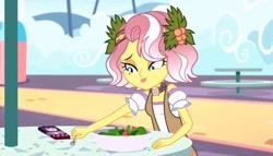 Size: 1254x719 | Tagged: safe, derpibooru import, screencap, vignette valencia, better together, equestria girls, rollercoaster of friendship, cellphone, cute, female, flower, flower in hair, food, fork, phone, salad, smiling, solo, stress salad, valenciadorable