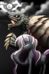 Size: 2800x4200 | Tagged: safe, artist:zachc, derpibooru import, nightmare rarity, kaiju, unicorn, cloud, cloudy, commission, crossover, ethereal mane, ethereal tail, gamera, gamera (series), moon, night, raised hoof, raised leg