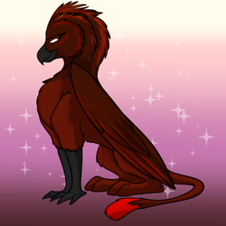 Size: 1000x1000 | Tagged: safe, artist:foxenawolf, derpibooru import, oc, oc:free agent, changeling, changeling queen, griffon, fanfic:quantum gallop, bedroom eyes, disguise, disguised changeling, female, gradient background, red feathers, red fur, solo