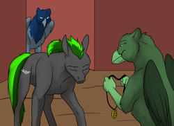 Size: 1000x727 | Tagged: safe, artist:foxenawolf, derpibooru import, oc, oc only, oc:long path, oc:watchful eyes, earth pony, griffon, pony, fanfic:quantum gallop, black fur, disguise, disguised changeling, eyes closed, green mane
