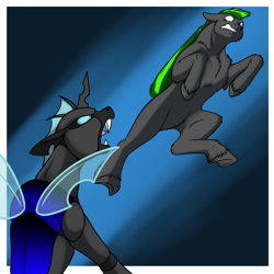 Size: 1000x1000 | Tagged: safe, artist:foxenawolf, derpibooru import, oc, oc:long path, changeling, earth pony, pony, fanfic:the growing years, black fur, duo, flying kick, gradient background, green mane, underhoof