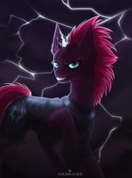 Size: 1024x1383 | Tagged: safe, artist:haskiens, derpibooru import, tempest shadow, pony, unicorn, my little pony: the movie, broken horn, evil grin, female, grin, horn, lightning, magic, mare, signature, smiling, solo