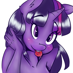 Size: 800x800 | Tagged: safe, artist:krispykakes, derpibooru import, twilight sparkle, unicorn twilight, anthro, unicorn, blushing, bust, drool, female, mare, nudity, simple background, smiling, solo, tongue, tongue out, white background